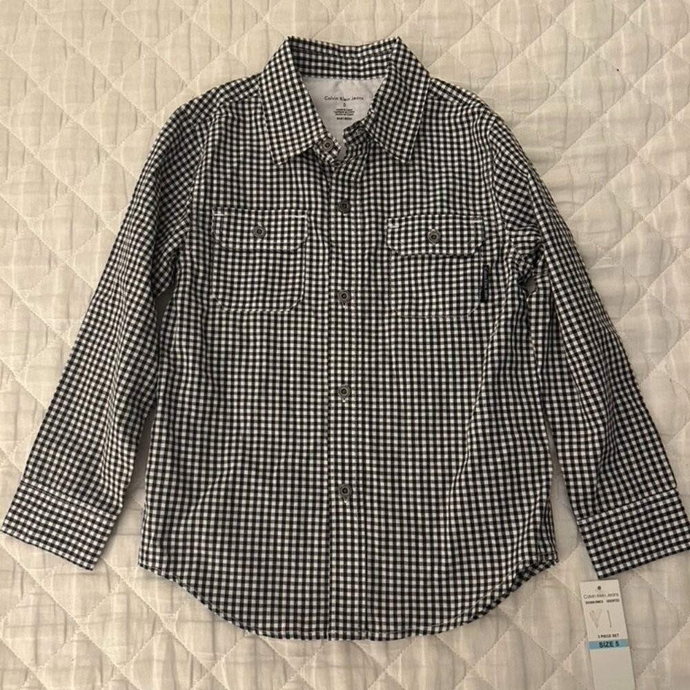 CALVIN KLEIN BLACK AND WHITE CHECKED BUTTON-DOWN SHIRT | NWT | SIZE 5